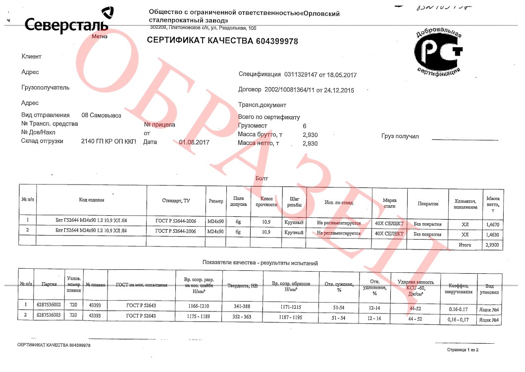 Паспорт качества на метизы образец